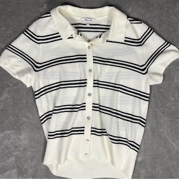 Madewell Top Womens Large Stripe Knit Short Sleeve Button Up Polo Sporty Prep - Picture 4 of 8